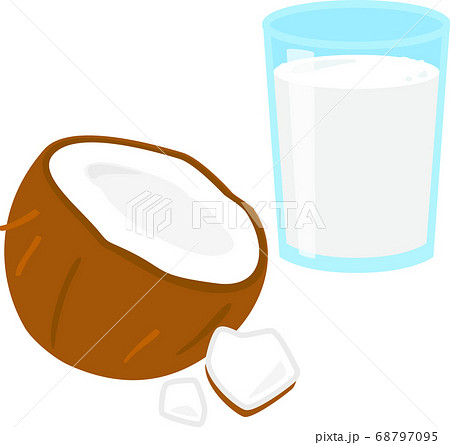 コップに入ったココナッツミルクと割ったココナッツのイラスト素材