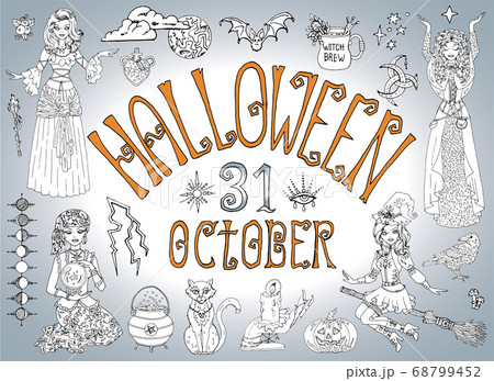 Halloween collection with beautiful witch girls wearing gipsy and fortune teller costumes. Hand drawn vector illustration for coloring page and book. Black and white drawing of scary animals objects Halloween collection with beautiful witch girls wearing gipsy and fortune teller costumes. Hand drawn vector illustration for coloring page and book. Black and white drawing of scary animals objects 68799452