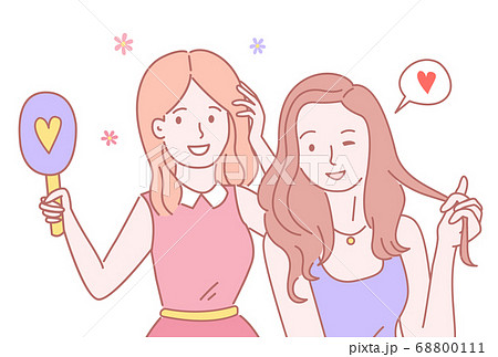 Two smiling girls stand together. Group of girls cute girlfriends flat character vector illustration 68800111