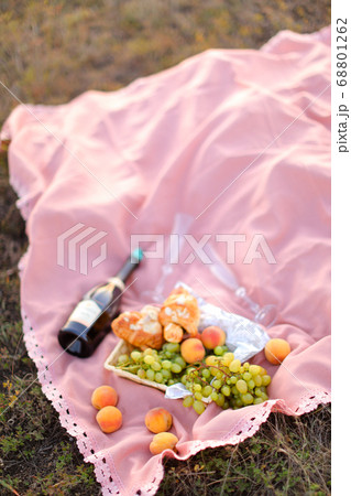 Bottle of red wine and fruits on pink plaid on grass. 68801262