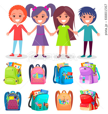 Pupils and Backpack Sticker, School Sign Vector Pupils and Backpack Sticker, School Sign Vector 68801567