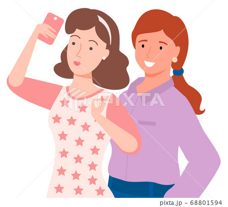 Two Women Taking Selfie on Smartphone Vector Image 68801594