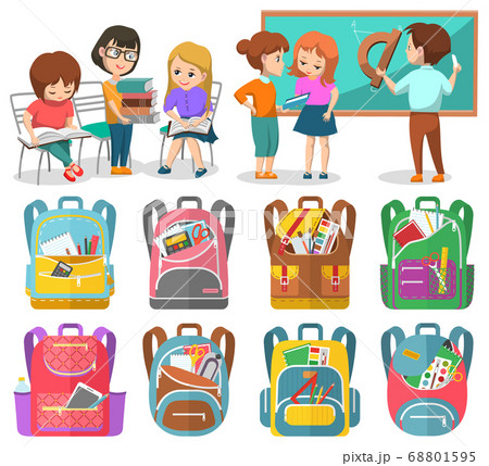 Pupils at School Lesson, Backpacks with Stationery 68801595