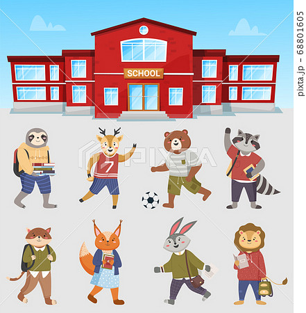 Illustration of animals students near school building. Collection of funny vector cartoon schoolkids 68801605