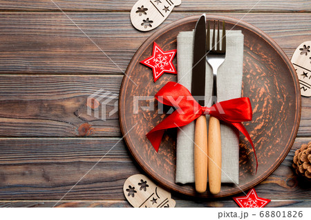 Top view of plate, fork and knife served on Top view of plate, fork and knife served on 68801826