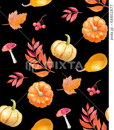 ハロウィンかぼちゃと秋の植物のパターン 水彩イラストのトレースベクター 黒背景 のイラスト素材