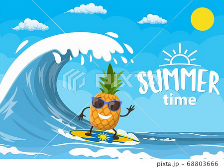 Pineapple Characters Surfing On Wave のイラスト素材