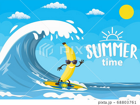 Banana Characters Surfing On Wave Stock Illustration