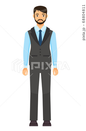 Dresscode of office worker, man in stylish coat, vest and trousers, blue tie, bearded businessman 68804811