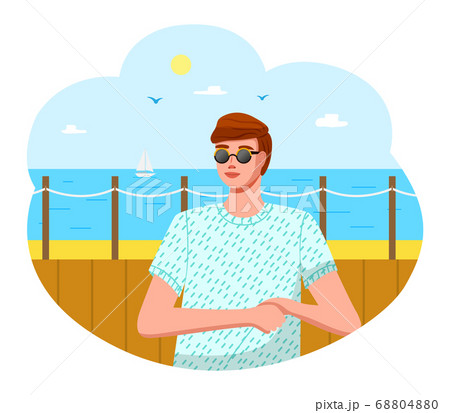 Man on the beach. Ocean background with seagulls, bright sun and sailboat. Traveling and vacation Man on the beach. Ocean background with seagulls, bright sun and sailboat. Traveling and vacation 68804880