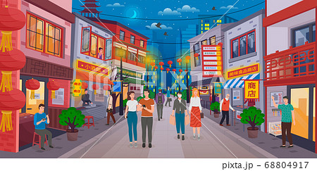 Chinatown with tourists and Chinese sellers. Walk along the Chinese streets. Bright design 68804917