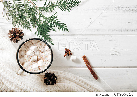 cocoa mug with marshmallows, white sweater, fir cocoa mug with marshmallows, white sweater, fir 68805016