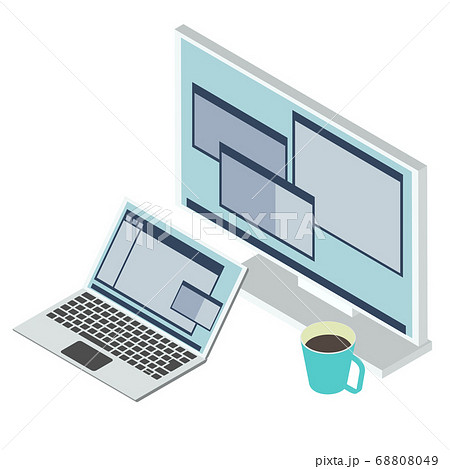 アイソメトリック デュアルディスプレイでの仕事風景 ラップトップと外付けモニタのベクターイラスト 68808049
