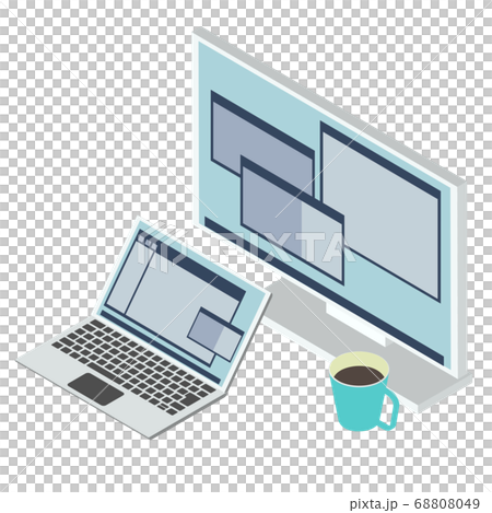 アイソメトリック デュアルディスプレイでの仕事風景 ラップトップと外付けモニタのベクターイラスト 68808049