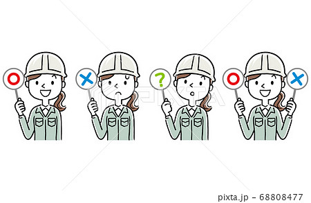 イラスト素材 回答する作業服を着た若い女性 セットのイラスト素材