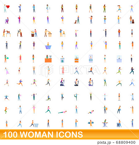 100 woman icons set, cartoon style 100 woman icons set, cartoon style 68809400