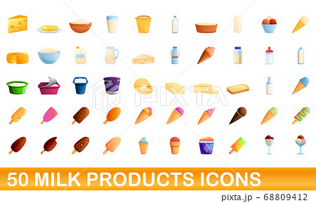50 milk products icons set, cartoon style 50 milk products icons set, cartoon style 68809412