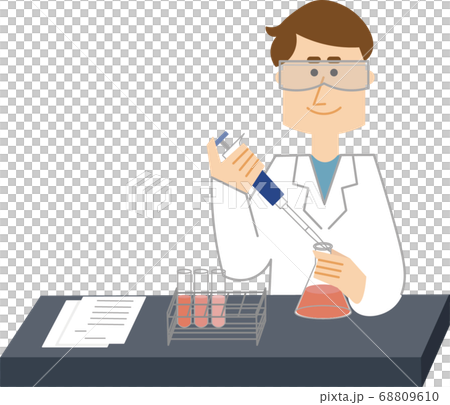 保護メガネをかけて研究開発中の白衣の男性研究者 68809610
