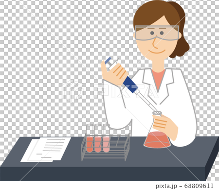 保護メガネをかけて研究開発中の白衣の女性研究者 68809611