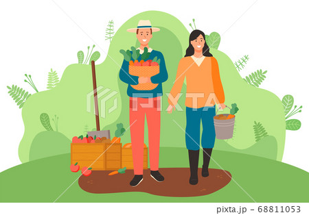 Gardeners man and woman stand with harvest in hand. Arrtaction and accumulation of capital Gardeners man and woman stand with harvest in hand. Arrtaction and accumulation of capital 68811053