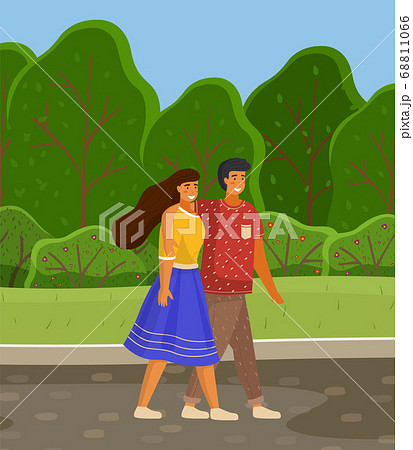 Dating couple outdoor summer landscape walking together. Young peolpe smiling man and woman hugging 68811066