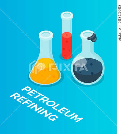 Petrochemicals. Chemical glassware, oil, gasoline cleaning. Chemical experiments. Flat image 68811088