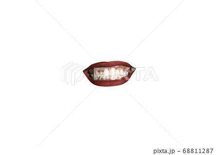 Close-up view of female mouth wearing red lipstick isolated on white studio background 68811287