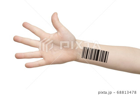 Genetics and cloning. Kid's hand with barcode isolated on white, collage Genetics and cloning. Kid's hand with barcode isolated on white, collage 68813478