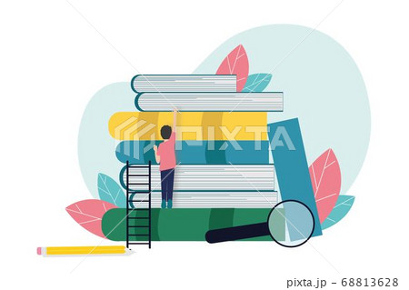 Man Reaching For Book Standing Near Books Stack, White Background Man Reaching For Book Standing Near Books Stack, White Background 68813628