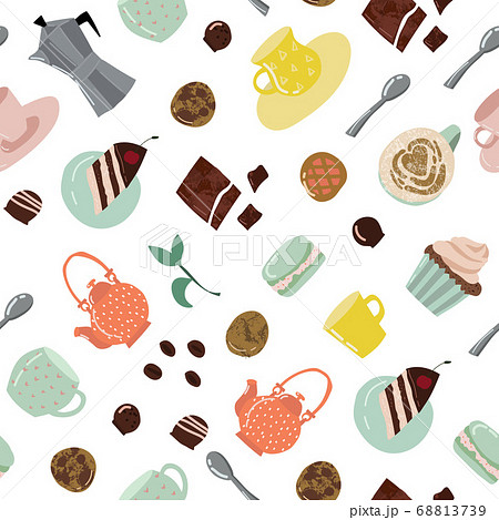 Cartoon Color Tea and Sweets Seamless Pattern Background. Vector 68813739