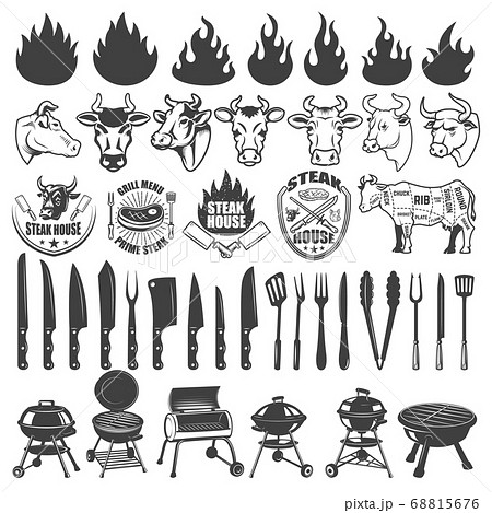 Set Of q And Grill Labels And Design Elements のイラスト素材