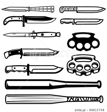 Set of gangsta weapon. Knives, brass knuckle,のイラスト素材