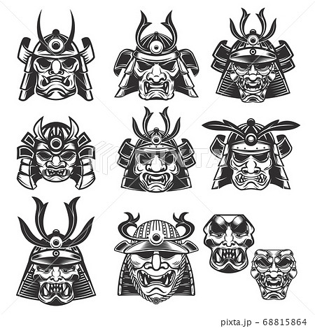 Set of samurai masks and helmets on white Set of samurai masks and helmets on white 68815864