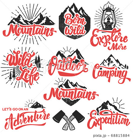 hiking, mountain exploration emblems. Handwritten hiking, mountain exploration emblems. Handwritten 68815884