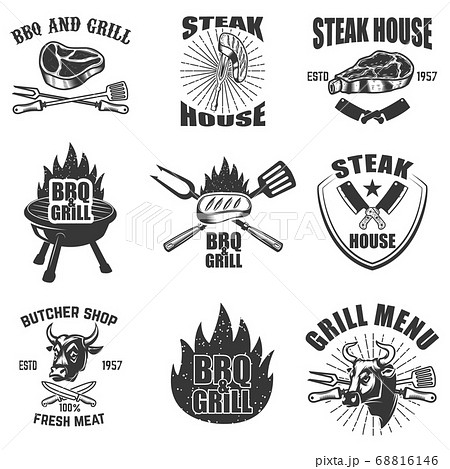 Set of steak house labels. BBQ, butcher tools, 68816146
