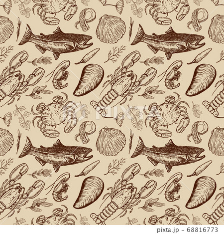 Seafood hand drawn seamless pattern. Design 68816773