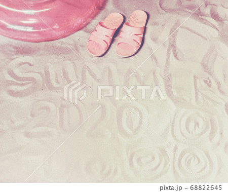 Handwritten Summer 2020 On Sandy Beach. Crook swimming and flip-flops . 68822645