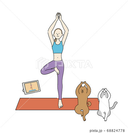オンラインでヨガのレッスンを受ける女性と犬猫 立ち木のポーズ のイラスト素材