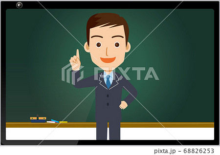 オンライン授業のイメージイラスト黒板 タブレットに映る授業風景男性教師のイラスト塾講師受験のイラスト素材