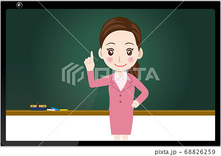 オンライン授業のイメージイラスト黒板 タブレットに映る授業風景女性教師のイラスト塾講師受験のイラスト素材