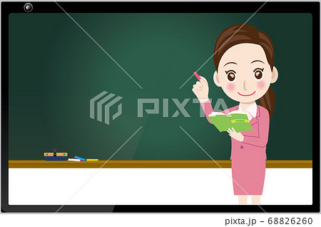 オンライン授業のイメージイラスト黒板 タブレットに映る授業風景女性教師のイラスト塾講師受験のイラスト素材