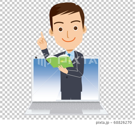 オンライン授業のイメージイラスト パソコンから飛び出る授業風景の男性教師のイラスト塾講師受験のイラスト素材