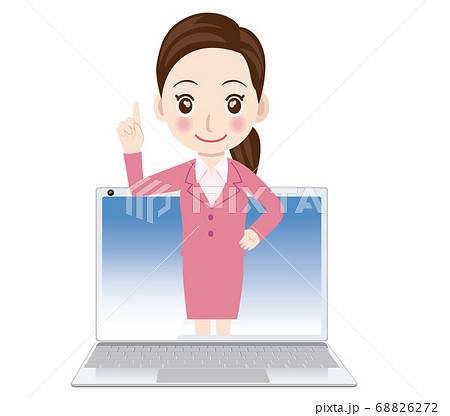 オンライン授業のイメージイラスト パソコンから飛び出る女性教師のイラスト塾講師受験のイラスト素材