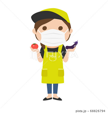 マスクをしてる八百屋さんの女性のイラスト。 68826794