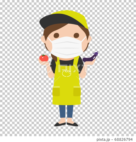 マスクをしてる八百屋さんの女性のイラスト。 68826794