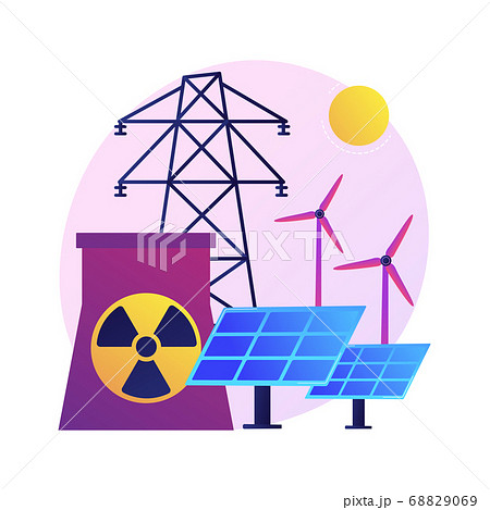 Atomic reactor, windmill and solar battery, energy production vector concept metaphor. 68829069