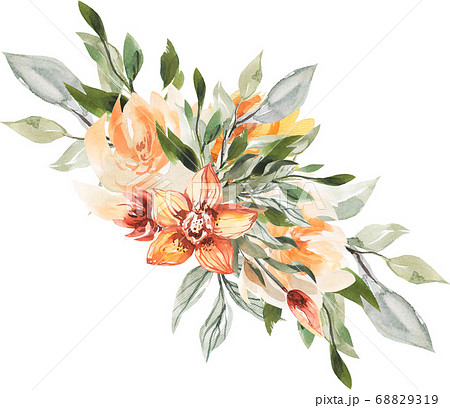 エレガントで綺麗なシームレス オレンジフラワー 花 背景 水彩 パターンのイラスト素材 6319