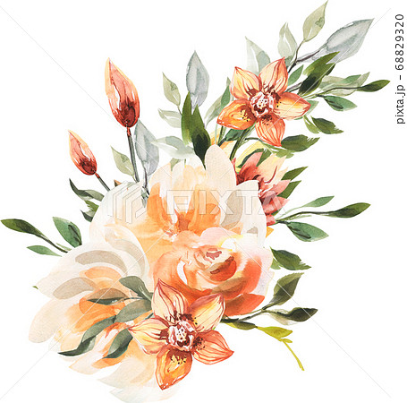 エレガントで綺麗なシームレス オレンジフラワー 花 背景 水彩 パターンのイラスト素材 63