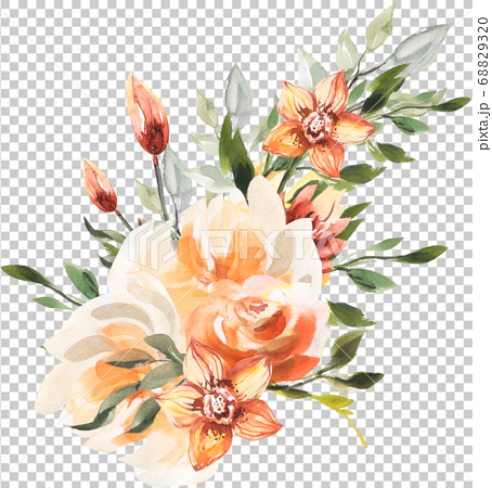 エレガントで綺麗なシームレス オレンジフラワー 花 背景 水彩 パターンのイラスト素材 63
