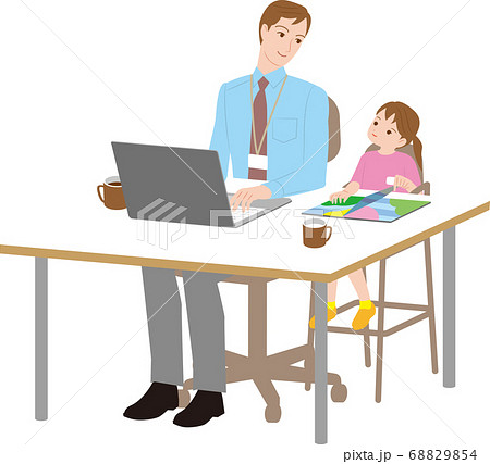 娘を子連れ出勤で働く父親。ワークライフバランス 68829854